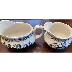 Vintage Enoch Wedgwood  Blue Heritage Gravy Boat & Creamer Bowl Set Blue White